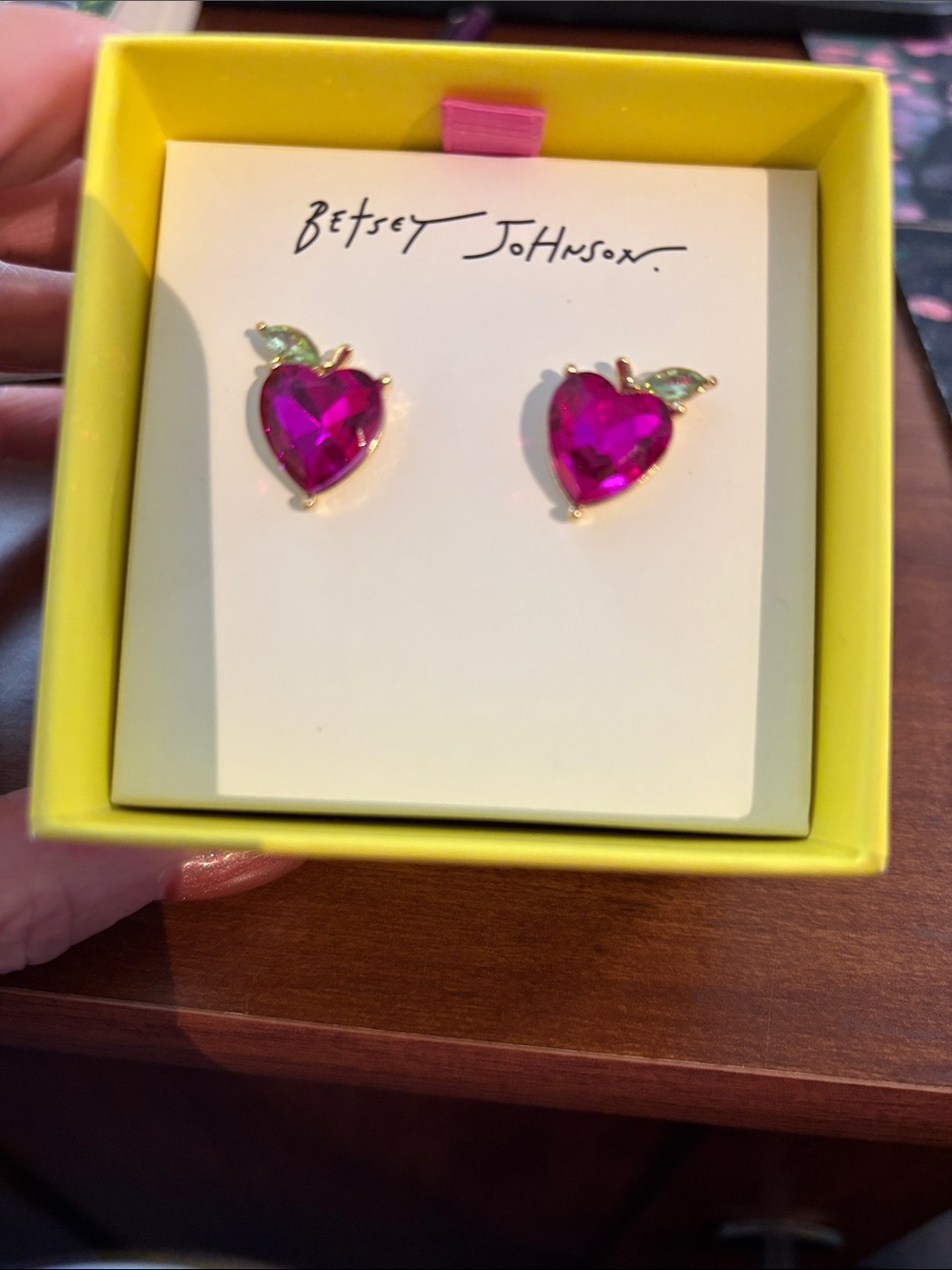 Betsey Johnson Fuchsia Heart Crystal Stud Earrings with Green Accents